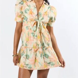 Pink Lily Floral Puff Sleeve Mini Dress | Tiered Skirt, Tie Front | Size L